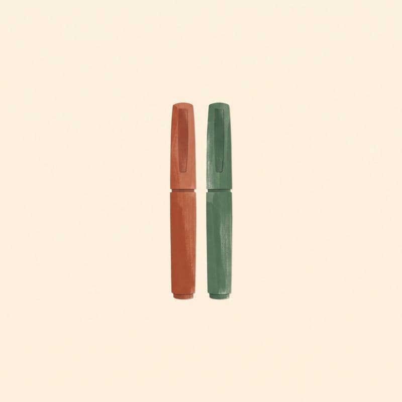 Paper-cut illustration of two injection pens side by side, one terracotta and one green