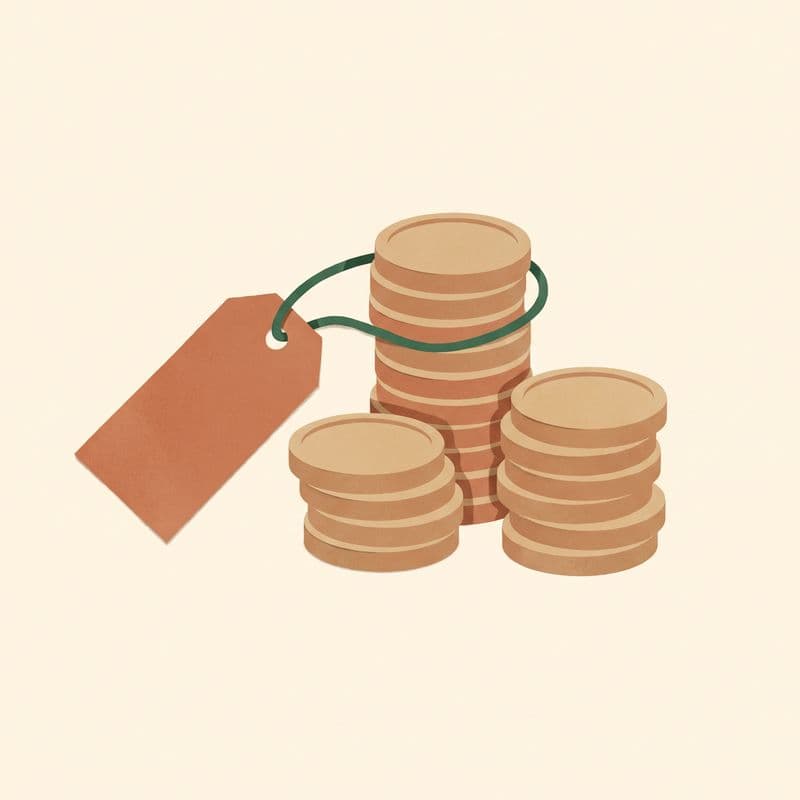 Paper-cut illustration of coins stacked into three columns with a blank paper price tag