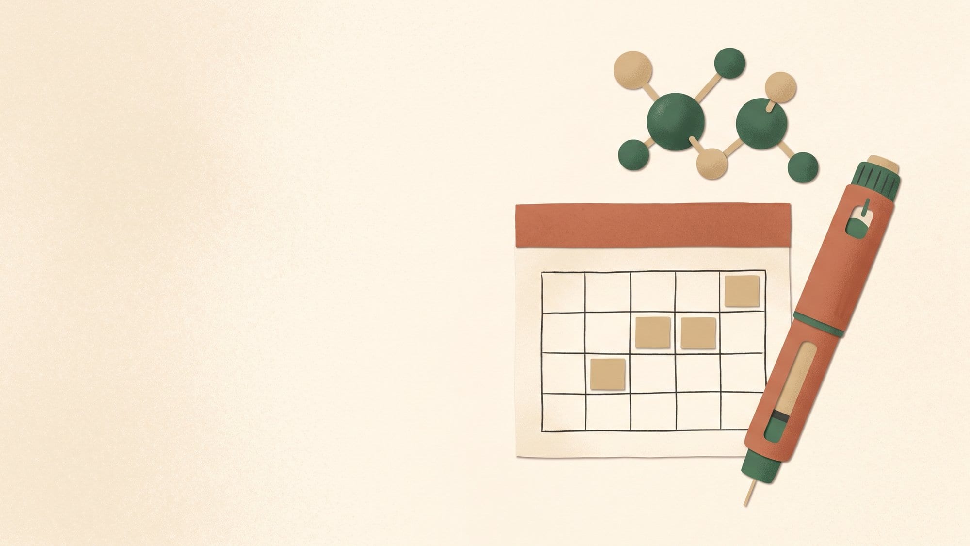 Paper-cut illustration of a weekly injection pen beside a blank wall calendar with four highlighted squares and a floating molecule